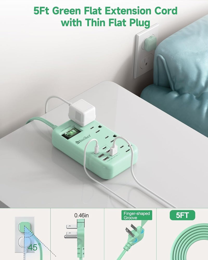 Beeiker 6 USB Green Travel Power Strip- 5Ft Green Extension Cord with 4.8A 2 USB C Charging Station and 4 Outlets, Cute Desk Accessories with Switch for Kawaii Pink Home Office College Dorm Room 24W - Image 4
